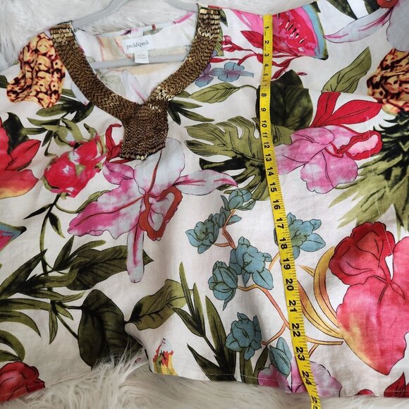 Peck & Peck 100% Linen Blouse L Floral Beaded Collar Poncho Oversize Boxy Kimono - Picture 11 of 14